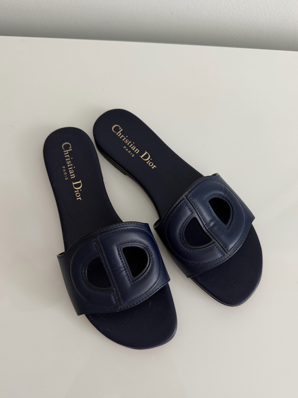 Dior Navy Leather Slide Mules with Cutout Logo - Picture 2 of 3